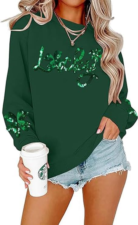 FAYALEQ Women St Patrick's Day Sweatshirt Sequin Shamrock Pullover Irish Sweatshirt Crewneck Long Sleeve Top