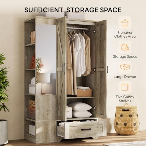 image for LIKIMIO Armoire Wardrobe Closet 70 Inches, Large Storage with Mirror, 