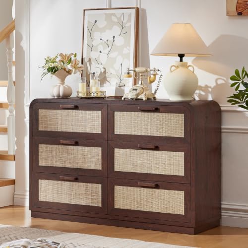 Image of LEYAOYAO Rattan 6 Drawer Dresser for Bedroom, Walnut | Modern 49 inch Wide Curved Dressers & Chests of Drawers with Solid Wood Handle & 5 inch Deep Drawers & Anti-Tip Safety