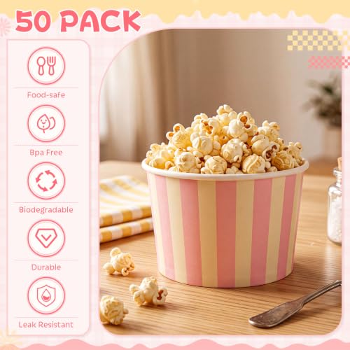 Image of Zopeal 50 Count Pink and Cream Striped Ice Cream Cups Paper Dessert Bowls | Disposable 9 oz Ice Cream Bowls, Birthday Party Supplies, Snack Cups Sundae Picnic Yogurt Bowls for Food