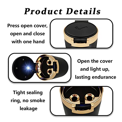 Image of 1Pcs Car Ashtray with Lid Portable Ash Tray, Easy Clean Up Detachable Stainless Car Ashtray with Blue Light Windproof for Outdoor Travel (Gold)