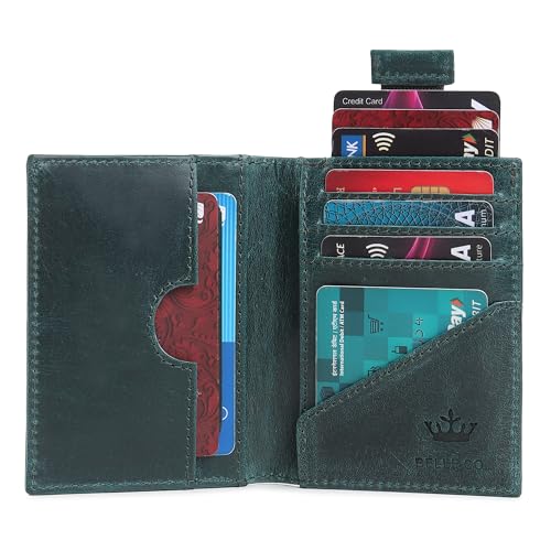Bbelleco Genuine Leather Slim Wallet | RFID Blocking Skinny Minimal Thin Front Pocket Wallet Sleeve Card Holder for Men | 10 Card Slots, 1 ID Window, 3Card Puller, 2 Hidden Pocket (Green)2
