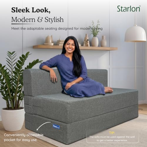 Image of Starlon 3 Seater Foldable Sofa Cum Bed 3-in-1 with 2 Geometrical Pattern Pillows, Washable Jute Fabric Cover, Space Saving Guest Bed, Pre-Assembled Ash Gray 5x6.5 Ft