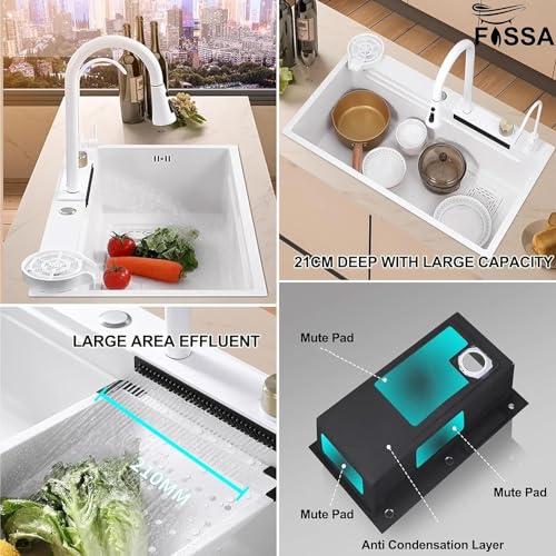 Image of Fossa 30 inchx18 inchx09 inch 5-Year Warranty Single Bowl Waterfall Smart Kitchen Sink Honeycomb Embossed Sink with Black Nano Coating, Pure Stainless Steel, Faucet with Included All Accessories. (White)