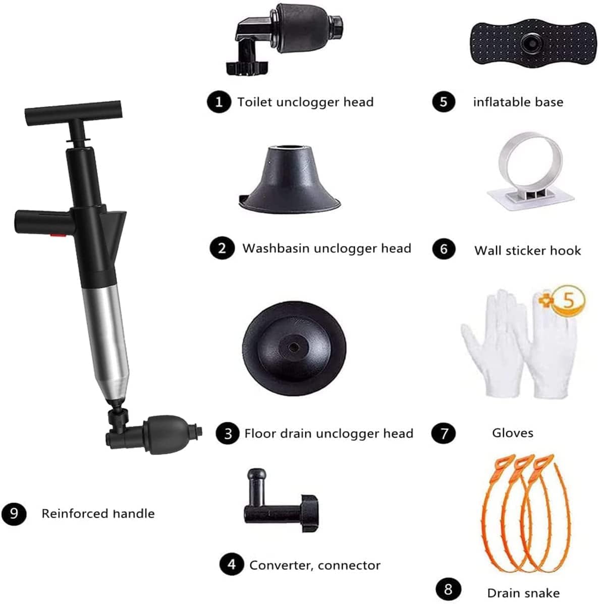 Stainless Steel Toilet Plunger Kits,Air Drain Blaster Gun Plunger High Pressure with 5 Heads,Dashboard Barometer,Sewer Toilet Kitchen Sink For Clogged Toilet Kitchen Bathroom Tubs (Stainless Steel)