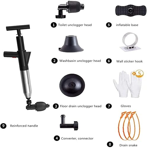 Miniatura 7 de FTKINGDER Kits de émbolo de inodoro de acero inoxidable, pistola de drenaje de aire, émbolo de alta presión con 5 cabezales, barómetro de tablero,