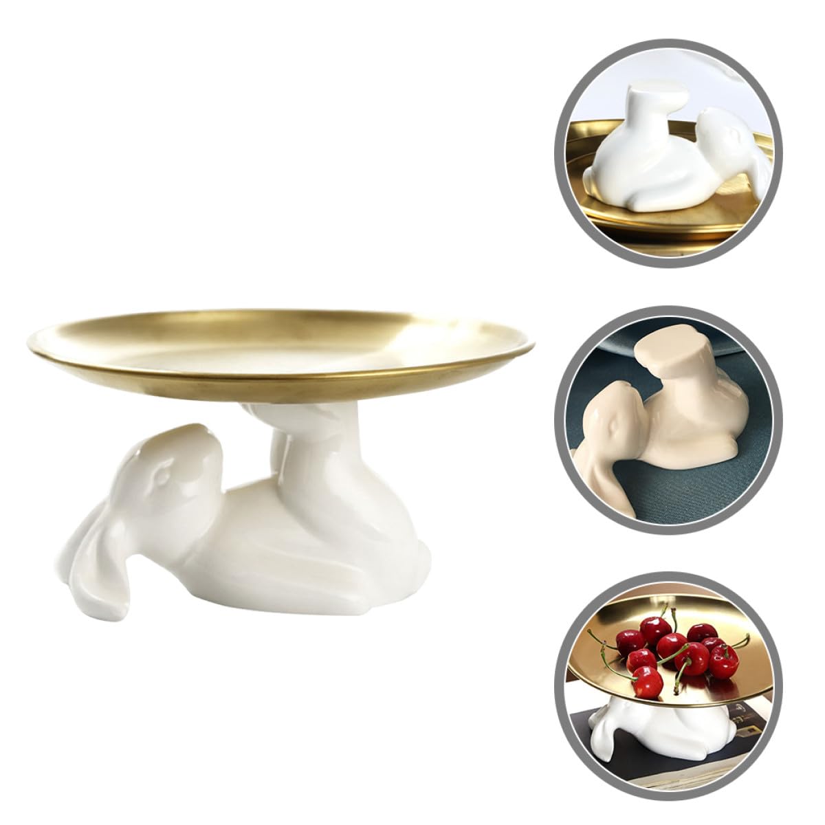 SECFOU Vassoio per Dolci in Acciaio Inox e Ceramica con Coniglio, Bianco