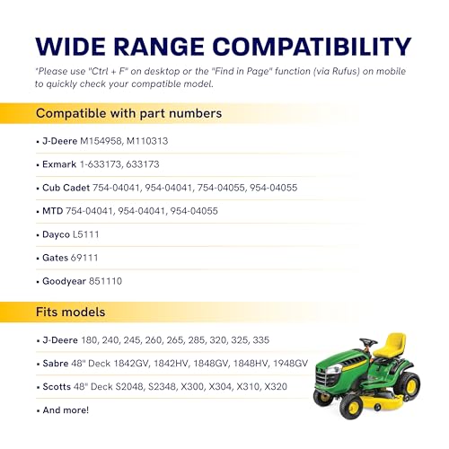 Image of [Upgraded Grip120] Canamax M154958 Secondary Deck Belt for 48 Inch Mower Deck J-Deere GT235 X300 X320 345 325 180 245 265 GX345 LX280 GT275 - Replaces 954-04055 754-04055 Aramid Cord 5 /8 inch x 111.4 inch