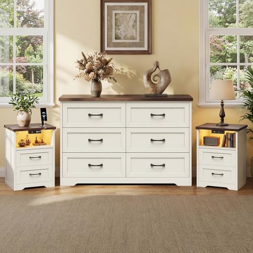 AODK 3-Piece Bedroom Set 47 Wide 6-Drawer Dresser + 2 Farmhouse Nightstands with 2 Drawers & Charging Station & RGB LED Lights Engineered Wood Anti-Tip Design Rustic White & Dark Walnut