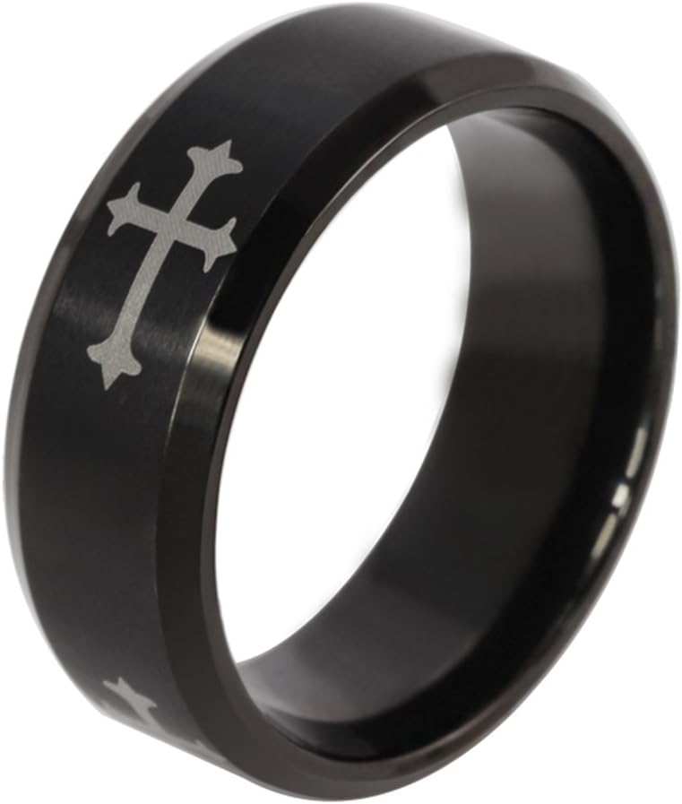 Dreamstone Stainless Steel Flory Cross Ring,Black,Size 9