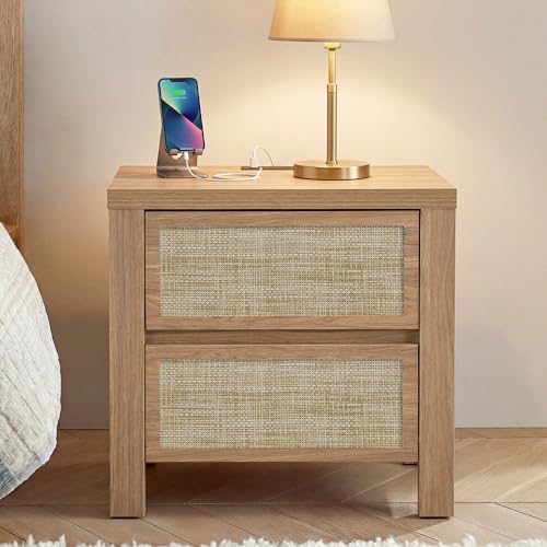 Image of Yechen Rattan Night Stand, Nightstand with Type-C Charging Station, Boho End Tables, Bed Side Tables, 23.6 inch D x 15.8 inch W x 23.6 inch H, 2 Drawers Nightstands for Small Space, Natural Walnut