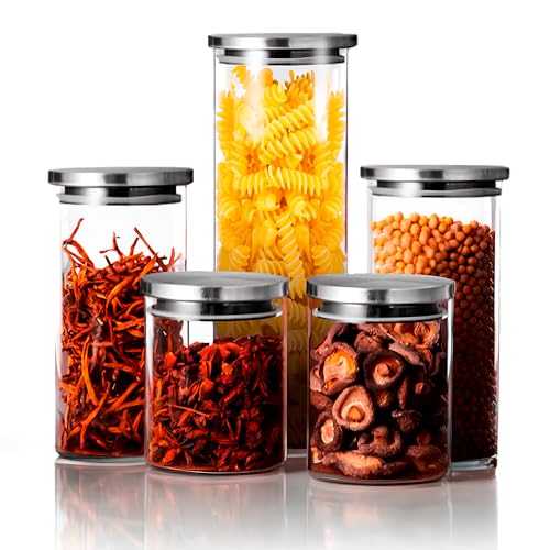 Kit 5 Potes de Mantimentos Herméticos Pote Redondo de Vidro Borossilicato Tampa de Aço Inox Premium