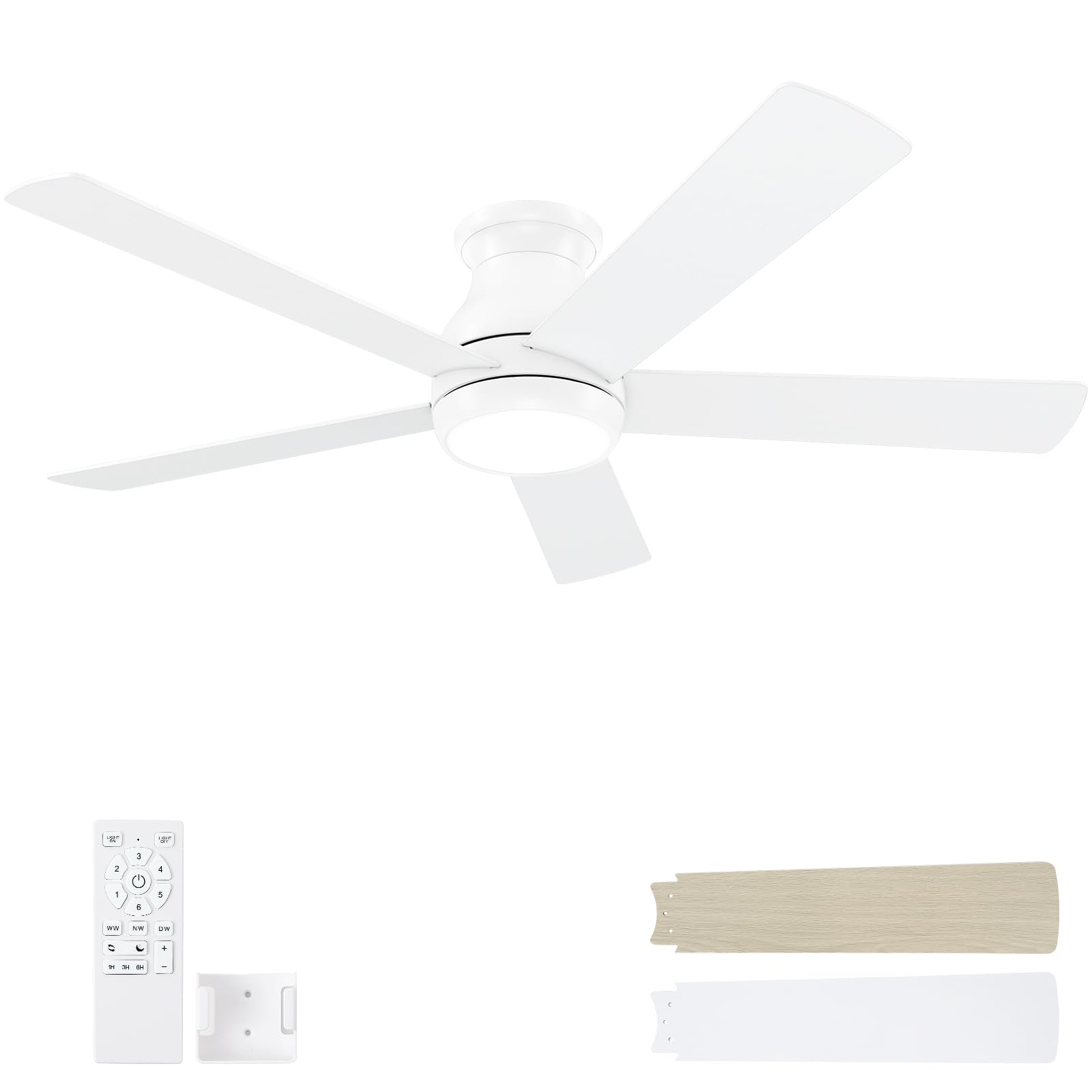 52 Inch White Ceiling Fans with Lights and Remote,LED Low Profile Flush Mount Ceiling Fan for Bedroom,Living Room, with Quiet DC Motor,Dimmable 6 Speeds