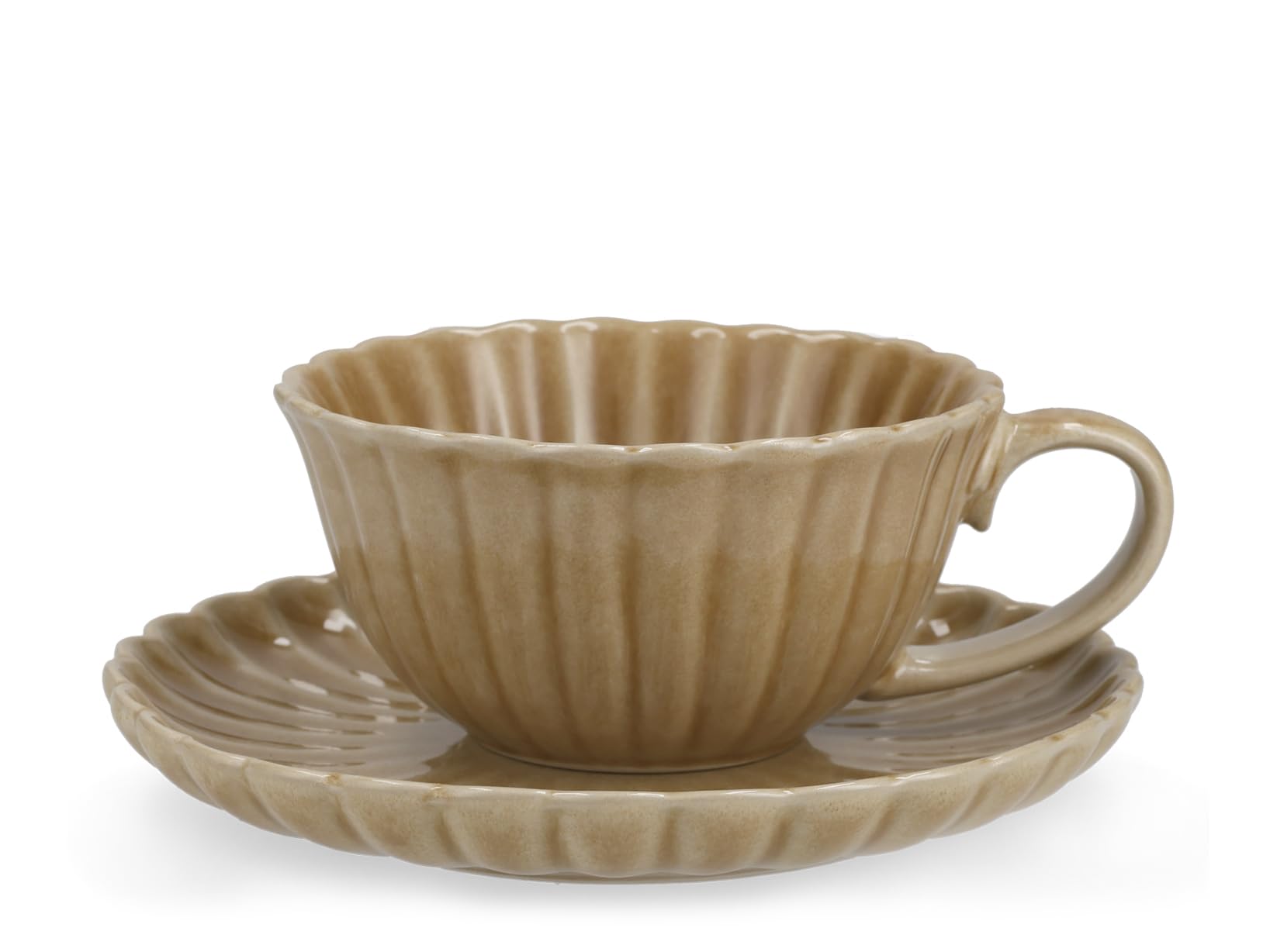 H&H Set 6 Tazze da Colazione con Piattino 400 cc in Stoneware Beige – Tazze Grandi per Latte e Cappuccino, Design a Rilievo Effetto Petalo, Lavastoviglie e Microonde