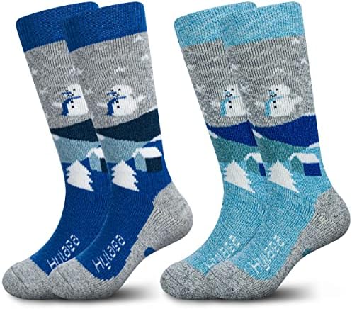 Hylaea Merino Wool Ski Socks Kids, Knee-high Warm Thermal Snowboard Skating Socks for Toddler Boys and Girls Grey Blue Small