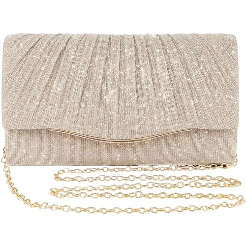 Pochettes et Clutches Femme Beige,ESYFOR Sac de Soirée Pochette Élégant Plissé Brillant Pochette de Soirée Mode Bandoulière avec Chaîne Amovible pour Mariage Fete...