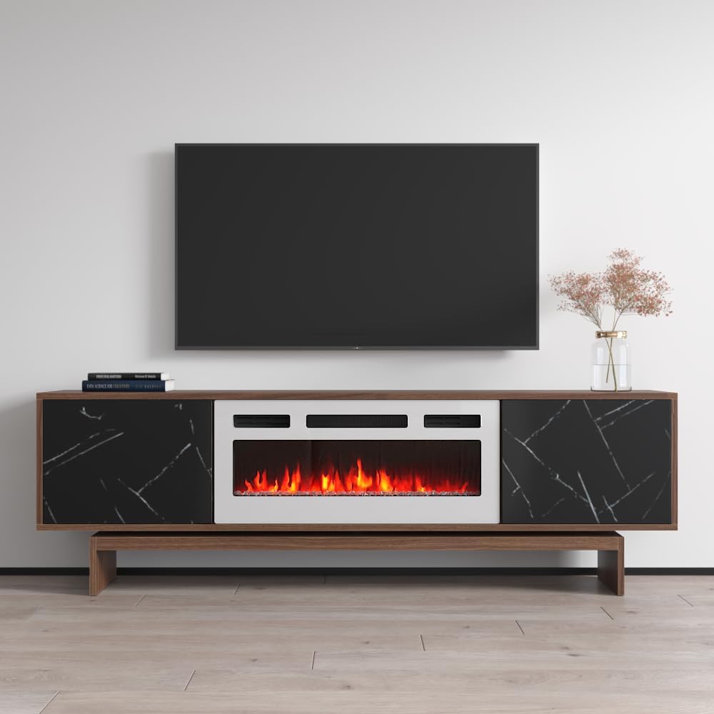 Meble Furniture Gram Electric Fireplace TV Stand — Spacious Storage Cabinets — Modern Engineered Wood, Fits TVs up to 80", 63.8" W x 17.7" D x 28.9" H — Walnut/Black