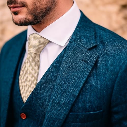 Image of Barry.Wang Skinny Ties for Men Wool Blend Herringbone Necktie with Tie Clip | Tie and Tie Clip Set, Cashmere Wool Stripe, 2.76 x 63 Inches, Extra Long Slim, Wedding Work Party Classic