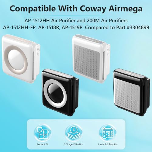 Image of 3-Pack Airmega AP-1512HH /200M Replacement Filter Compatible with Coway Airmega AP-1512HH and Airmega 200M Air Purifiers, for AP-1512HH-FP, Part# 3304899, with 9 Extra Pre-Filters-Green Version