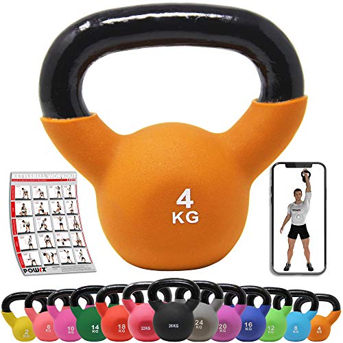 POWRX Kettlebell Hierro Fundido 4 kg - Pesa Rusa con Revestimiento de Neopreno + PDF Workout (Rojo)