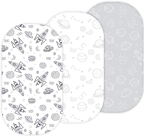 Image of TansyPanda Bassinet Sheets for Munchkin Brica Pod, 4moms MamaRoo, Nordmiex, Beberoad Travel Bassinet, 3PC, 18 x 30 Inch, Ultra Soft, Breathable, Snug Fit, Unisex Boys and Girls (Space Rockets)