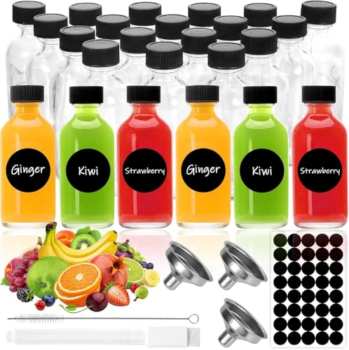 MWZEAUL 24PCS Mini Bouteille Verre, 60ml Petit Pot Verre Réutilisables, Mini Bouteille Shot Ginger avec Entonnoir Étiquette Brosse, Shot Petite Bouteille en Verre de...