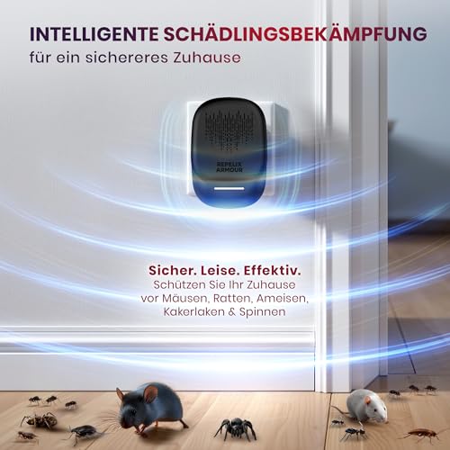 REPELIX ARMOUR Ultraschall-Schädlingsbekämpfer für Innenräume – 2 Pack – Deckt 140m² pro Gerät ab – 3 Modi – Vertreibt Mäuse, Ratten, Spinnen, Mücken, Ameisen, Insekten & Fliegen, PR-025 (Schwarz)