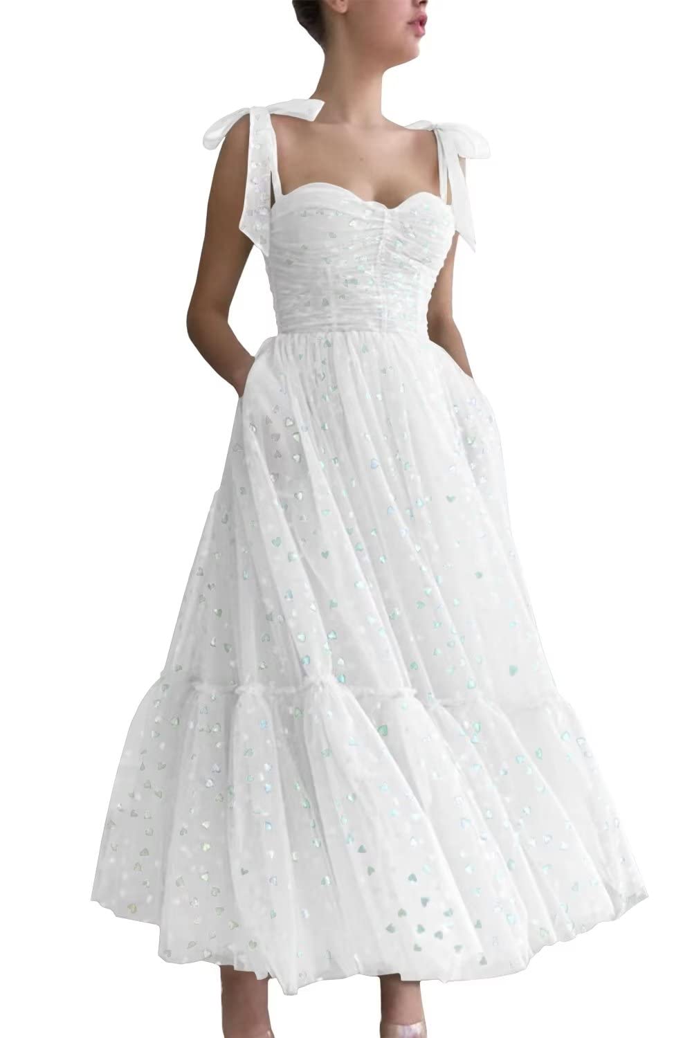 SoDigne Hearty Tulle Prom Dresses Tea Length Spaghetti Straps Formal Evening Party Gowns for Women