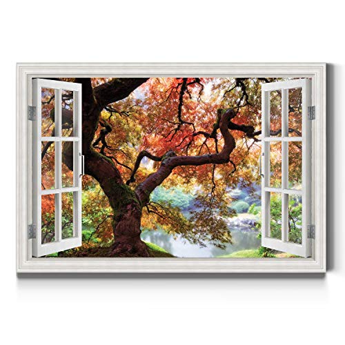Renditions Gallery Nature Wall Art Scenic Window View of Autumn Forest near Lake Canvas Artwork Prints for Bedroom Living Room Office Decorations - 18"X27" LT04