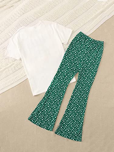 Soly Hux Girl's Two Piece Outfits Summer Tops Short Sleeve T-Shirt Figure Graphic Tee And Pants Bell Bottom Flared Pants Set White And Green 11 Years #TOP1
