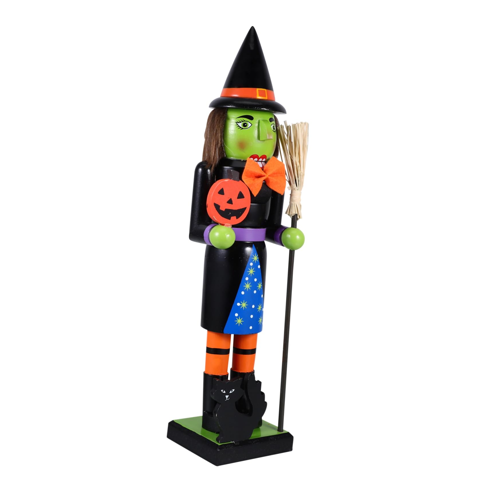 SOLUSTRE Halloween Pumpkin Nutcracker Handpainted Wooden Witch Decor for Spooky Halloween Party for Desktop Bookshelf and Fireplace Display