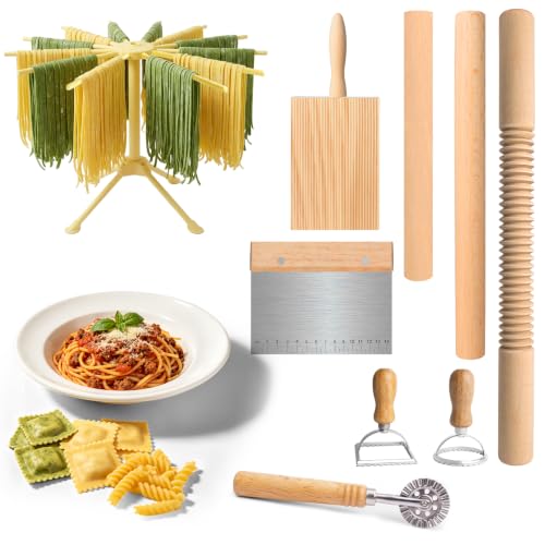 9 Pcs Wood Pasta Making Tool Set, Homemade Pasta Making Kit with Pasta Drying Rack, Wooden Rolling Pins, Gnocchi Board, Dough Scraper, Ravioli Stamp & Pastry Wheel Cutter for Beginners & Home Chefs