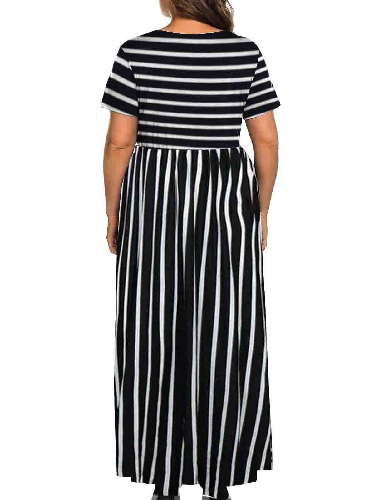 Womens Short Sleeve Stripe Elastic Waist Casual Summer Plus Size Dress with Pocket 2X