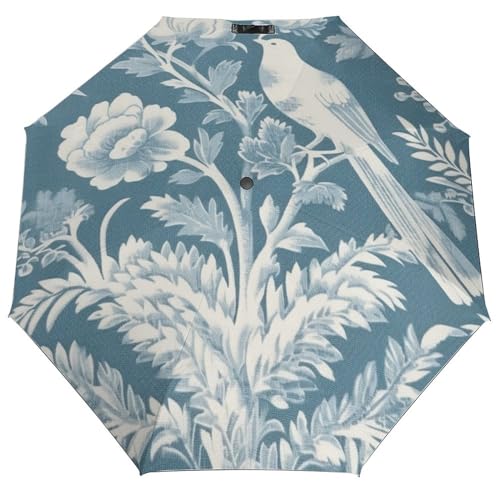Parapluie compact Chenonceau Oiseaux et Botaniques bleu et ivoire