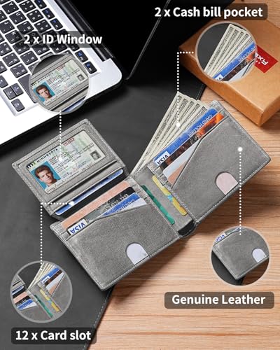 Image of Artpaxy Mens Wallet Bifold Genuine Leather RFID Blocking Wallet for Men with 2 ID Windows 12 Card Holders 2 cash pockets 1 Gift Box
