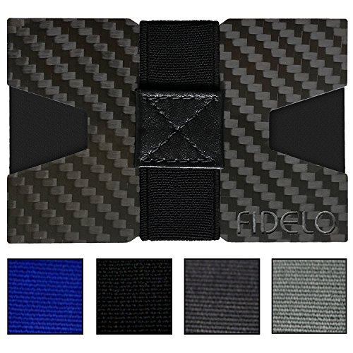 Fidelo Minimalist Wallet For Men - Slim RFID Blocking Mens Wallets Credit Card Holder. 3K Carbon Fiber. The Compact Wallet Comes With 5 Colors of Cash Bands - Minimalist Elite2