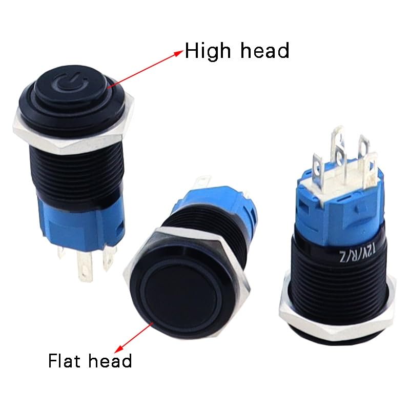 Interrupteur momentané plat 12mm étanche en métal bleu 5V - 6