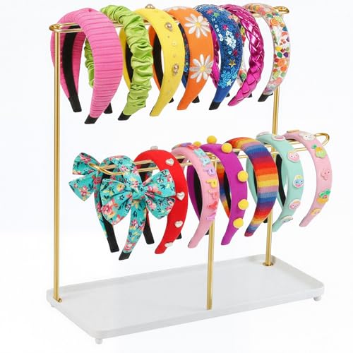 Image of Headband Holder Organizer Metal 2-Tier with Tray, Necklace Storage Hairband Rack Hair Accessories Display Stand Stand Home Bedroom College Dorm Decor for Girls Women (Gold)