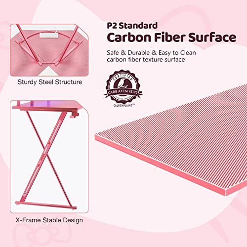 Seven Warrior Gaming Desk 50.4” With Led Lights& Power Outlets, L-Shaped Gaming Desk Carbon Fiber Surface With Monitor Stand, Ergonomic Pink Gaming Desk With Cup Holder, Headphone Hook #TOP6