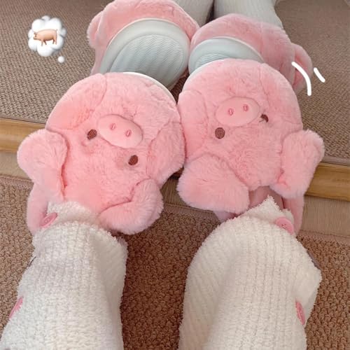 Women's Cute Piggy Plush Slippers for Winter, Indoor Fuzzy Slip-on Home Shoes2