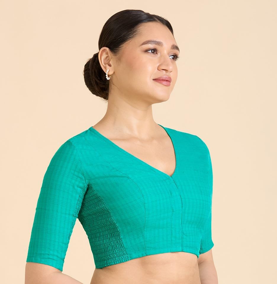 Image of Studio Shringaar Women Cotton Half Sleeve Madras Checks Saree Blouse with Stretchable Sides