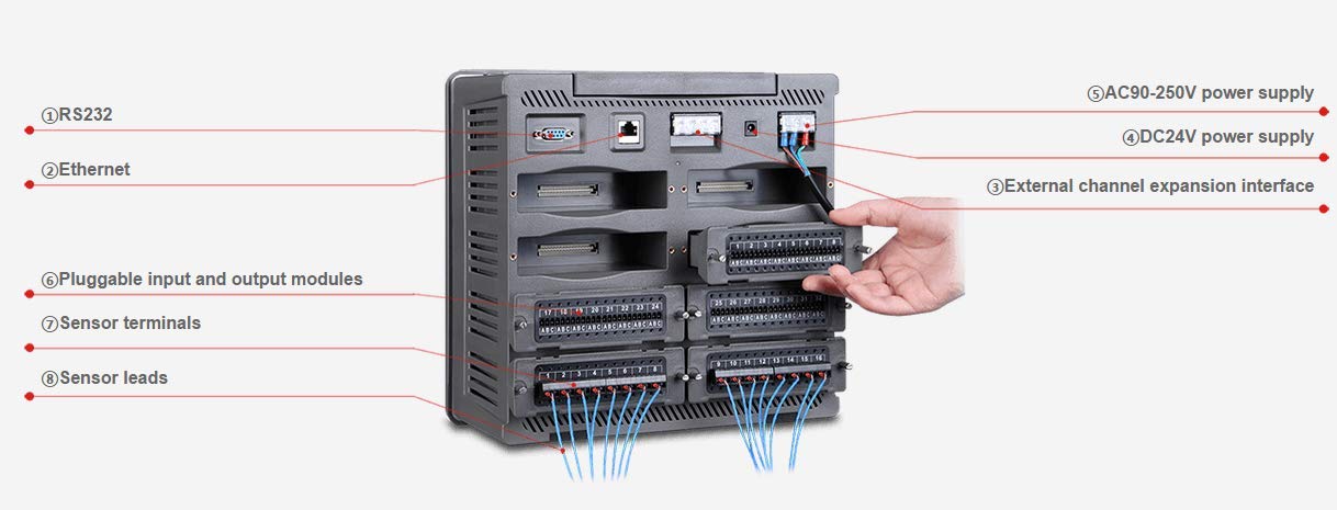 7 inch Color Touch Screen Multi Channel Temperature Recorder TP9000-8 Temperature Data Acquisition 8 Way AC 85VAV~265VAV DC 24VDC±10% Thermocouple K,E,R,B,N,T,E,J,S