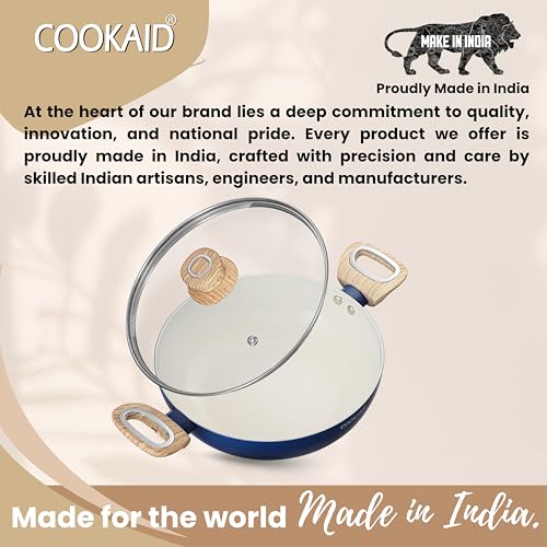 Image of Kadhai with Glass Lid 24cm 2.5 LTR | Velora Non Stick Ceramic Coating | ISI Certified | Induction Stovetop Compatible | Kitchen Cookware Kadai for Cooking | Aluminium Body | Kadhai with Lid |