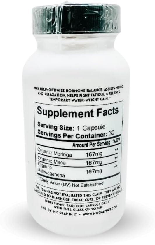 No Crap In It Vitality Balance Woman's Support Vitamins for Hormone Balance with Organic Moringa, Organic Ashwagandha, and Organic Maca for Mood Enhancement, and Sustained Energy- 30 Capsules (30)