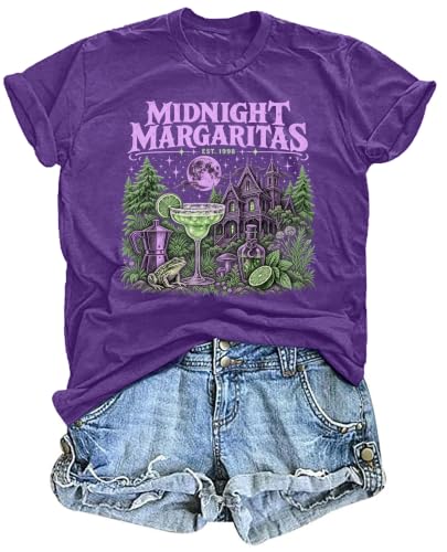 Halloween Shirt Women Halloween Witch Shirts Midnight Margaritas Letter Tee