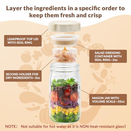 Image of Fridge Storage Box 1000 Ml 316 Stainless Steel Food Storage Containers (Salad Jar 4 pcs) | 4 Apricot White Lids, Leakproof, Two Small Built-in Cups for Salad Dressing and Dry Ingredients,32oz Mason Jars
