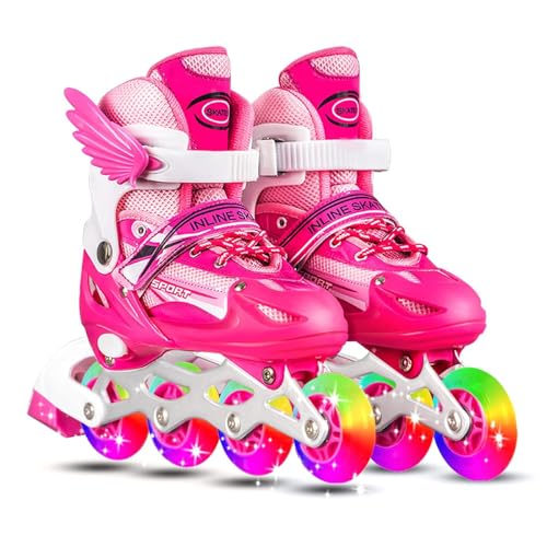 UKR Pink Rollerblades Girls Teens Skating Shoes With Rainbow LED Wheels Inline Skates with Size Adjustable Wings For Girls (33-38)
