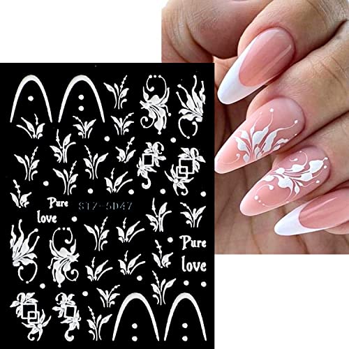 6Sheets 5D Flower Nail Art Stickrs Exquisite Embossed Designs Spring 3D Self-Adhesive Nail Decals Cute Floral Nail Decorations White Flowers DIY Manicure Accessories for Women Girls Nail Supplies