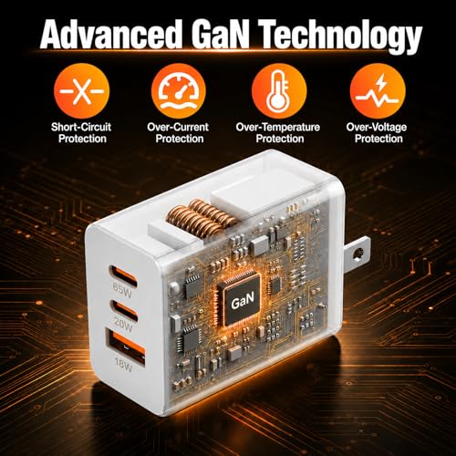 Image of 65W Super Fast Charger Typc-C for iPhone 17 /16 /15 Pro Max,Plus, iPad Air,MacBook, 3-Port 100W(in Total) Charging Block PD /QC 3.0 for Samsung Galaxy S26 Ultra,Android, 3 /3 /6 /6 /10 /10FT USBC Cable Cord