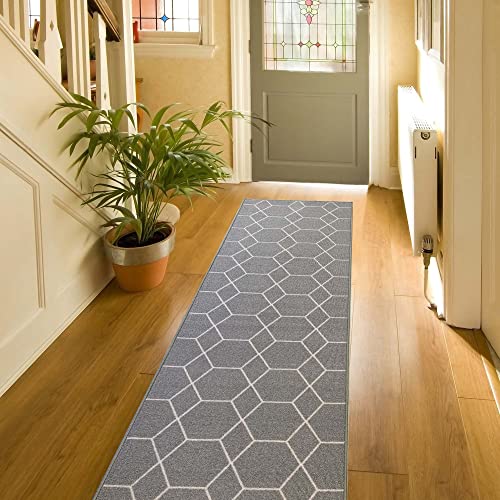 Aspen Design Custom Size Hexagon Trellis Design Gray Color Rubber Backed Non-Slip Hallway Stair Runner Rug Carpet 26 Inch Wide by Your Length 26inx4ft